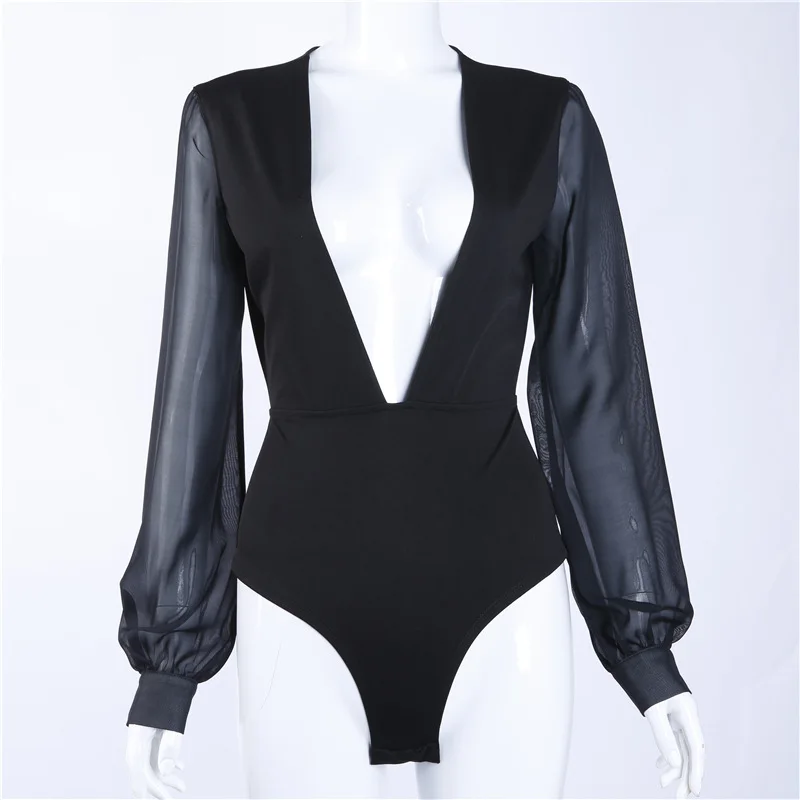 

Women new sexy gauze big V neck long sleeve onesie