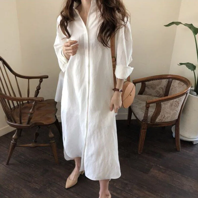 2020 корейский стиль весна осень Женское Платье рубашка с отложным воротником