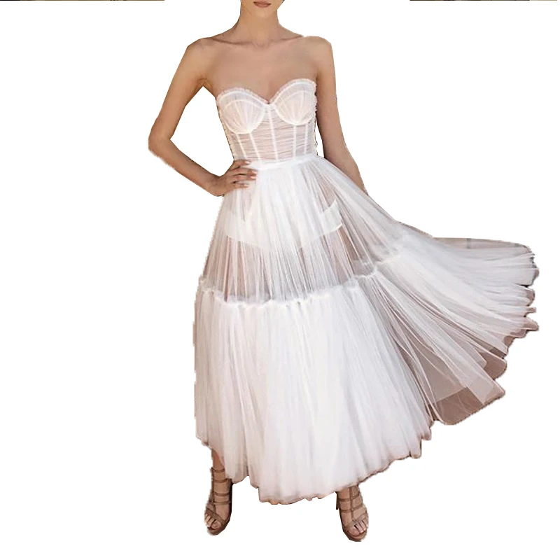 

Grosfairy 2021 Fashion Sexy Strapless Cut-Out Ball Gown Bridesmaid Dress Women White Ball Gown Wedding Party Illusion Vestido