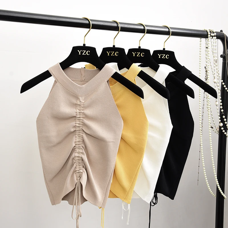 Кроп-топ женский эластичный с V-образным вырезом оборками без рукавов на завязках