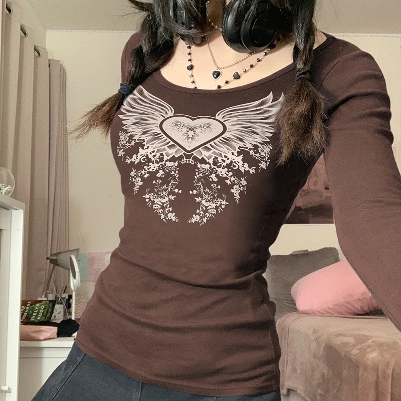 Rockmore Brown Vintage Print Long Sleeve T-Shirt Women Casual O-Neck Top Y2K Aesthetic Basic Graphic Baby Tees 90s Fairy Grunge