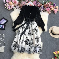 vintage mesh knitted patchwork dress women 2021 sexy low v neck polka dot long sleeve dress ladies warm bow mesh party dress