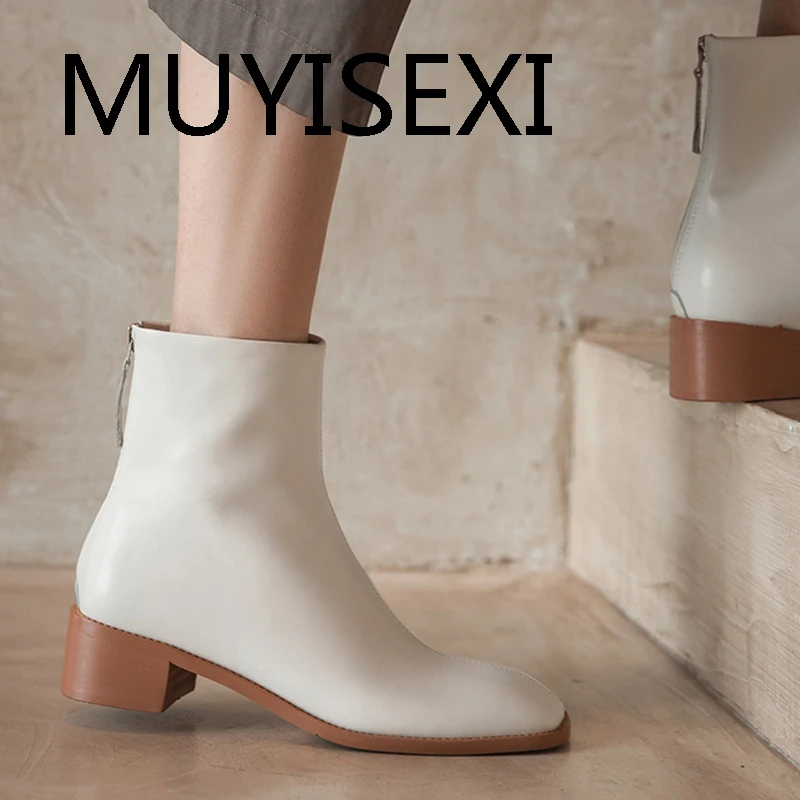 

Winter square toe 4cm thick med heel genuine leather warm zipper lady work party dating romance solid ankle boot DONQ27 MUYISEXI