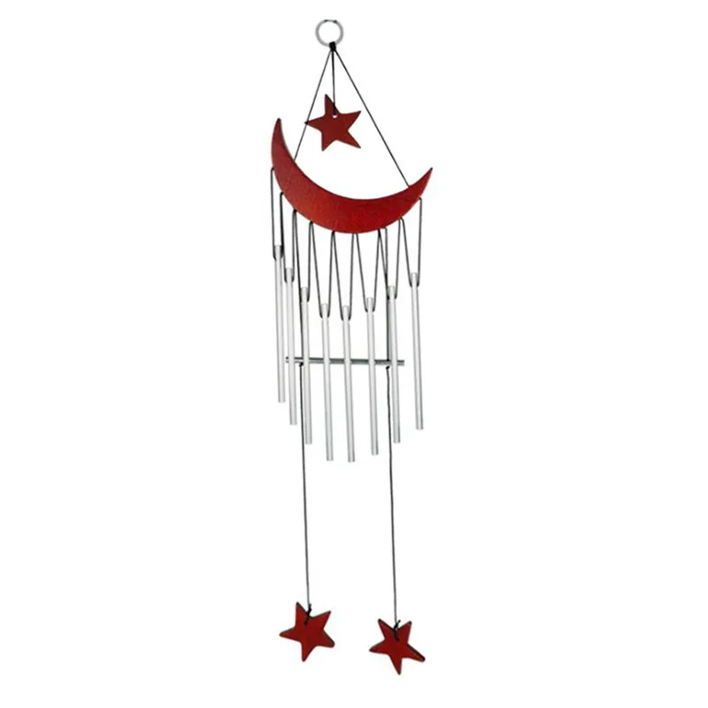 

Wooden Moon and Star Red Wind Chimes Memorial Metal Tube Windchimes Hanging Decor with S Hook for Garden Handmade Gift W4532