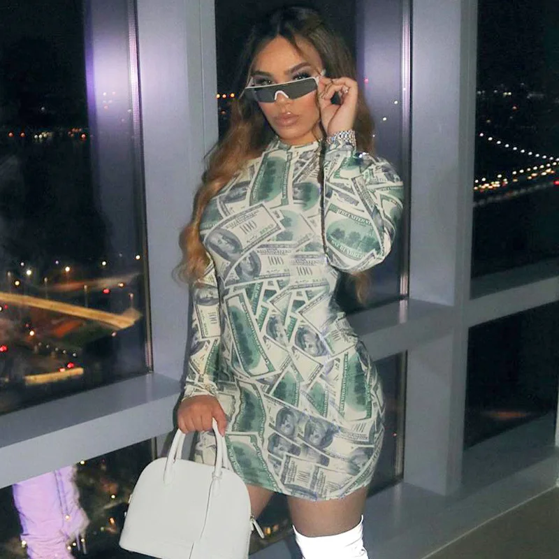 Женское платье с принтом доллара осень 2020 новое модное повседневное облегающее