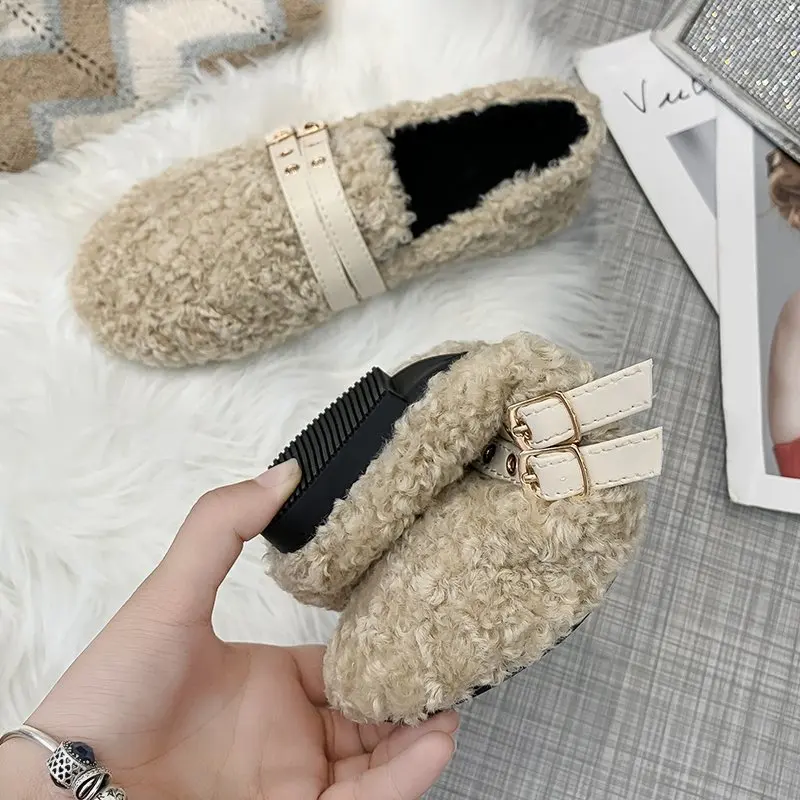 

Winter Fur Flats Loafers Women Shoes Round Toe Slip On Casual Shoes Belt Buckle Strap Warm Furry Autumn Shoes Woman Luxury Flats