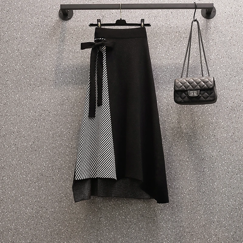 

Fashion new autumn and winter 4XL women's western style slimming knit sweater stitching sweater skirt two-piece suit