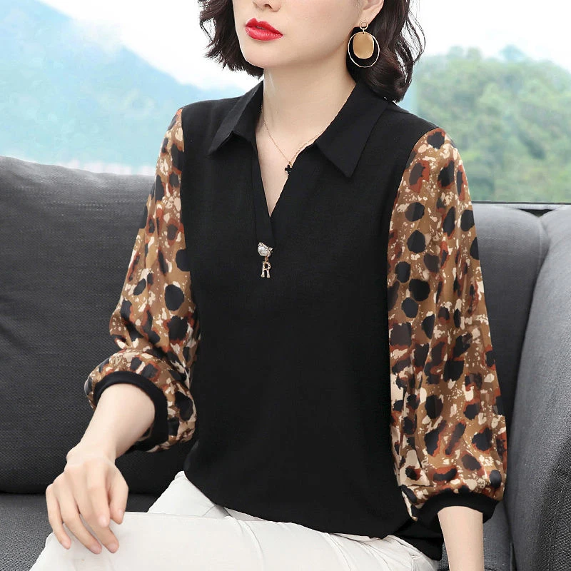 

Women Spring Summer Style Chiffon Blouses Shirts Lady Casual Turn-down Collar Patchwork Chiffon Blusas Tops