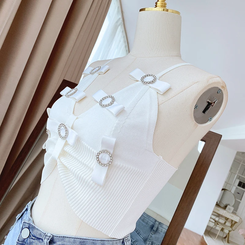 Sexy Bow Light Diamond Camisole for Women New Summer Fashion Short Sling Elastic Slim Fit Slimming Knitted Vest Solid Colour Top