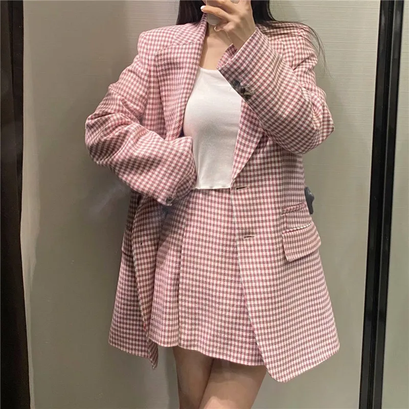 

Za 2021 Pink Houndstooth Blazer Suit Women Long Sleeve Pronounced Shoulders Vintage Plaid Blazers Woman Button Up Outerwear Top