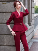 elegant red formal uniform designs pantsuits with pants and jackets coat for women business work wear blazers with belt