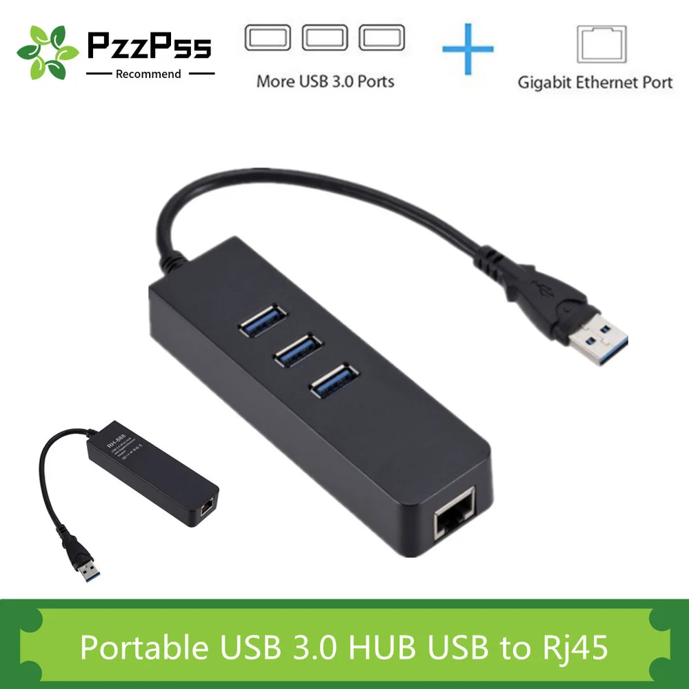 

PzzPss USB3.0 Gigabit Ethernet Adapter 3 Ports USB 3.0 HUB USB to Rj45 Lan Network Card for Macbook Desktop + Micro USB Charger