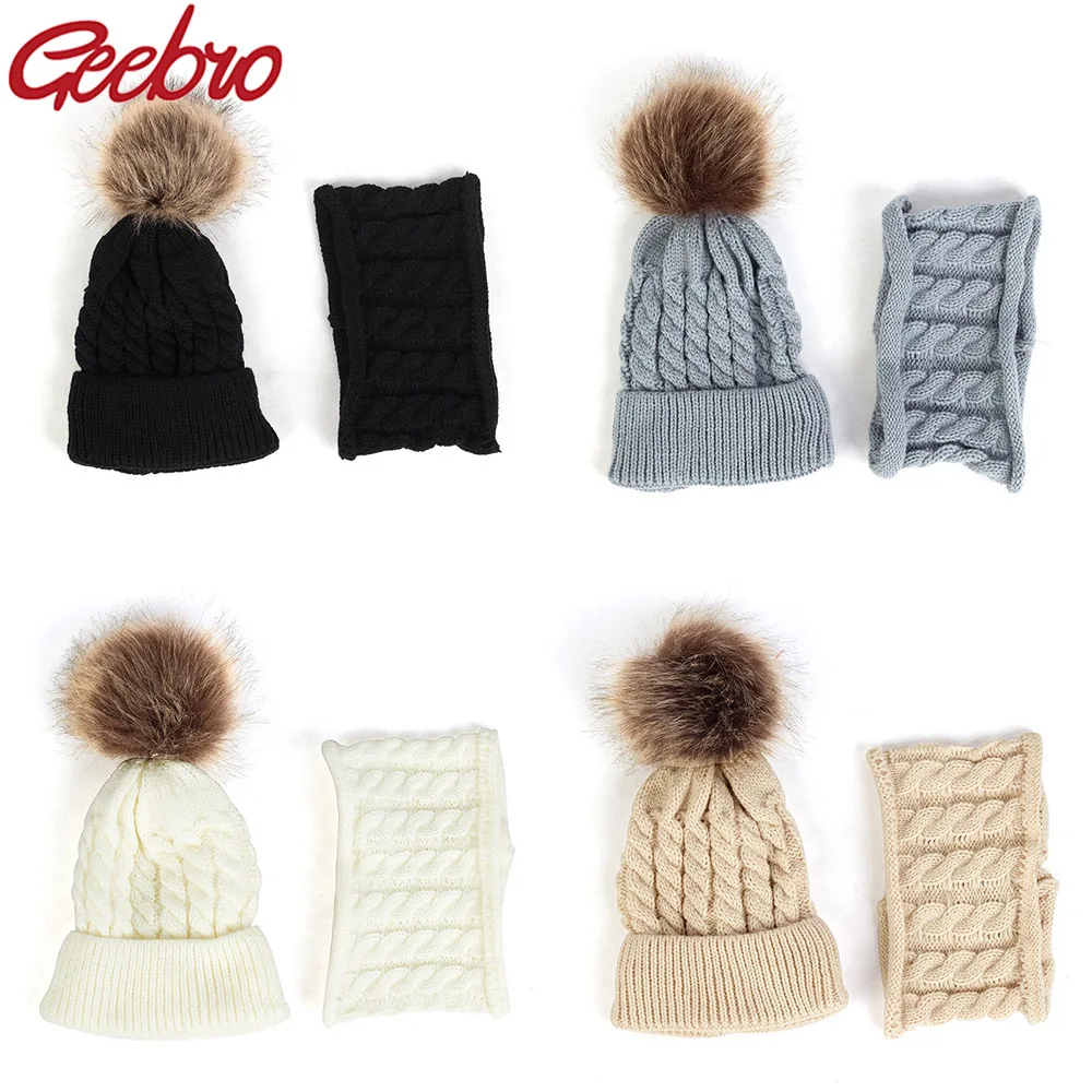 Geebro зимняя теплая вязаная шапка и шарф для новорожденных с помпоном разрезанная