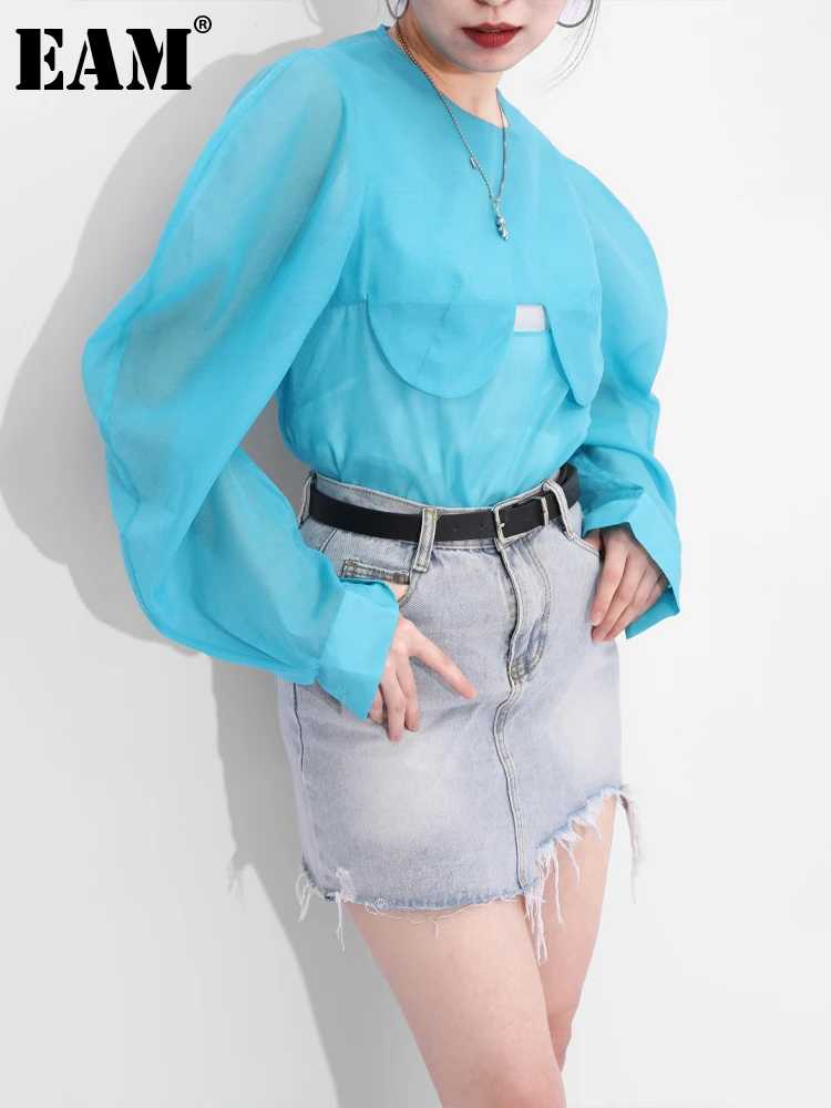 

[EAM] Женская блузка с объемным вырезом синего цвета, новая рубашка с круглым вырезом и длинными рукавами, модная весенне-осенняя 2021 JR25705
