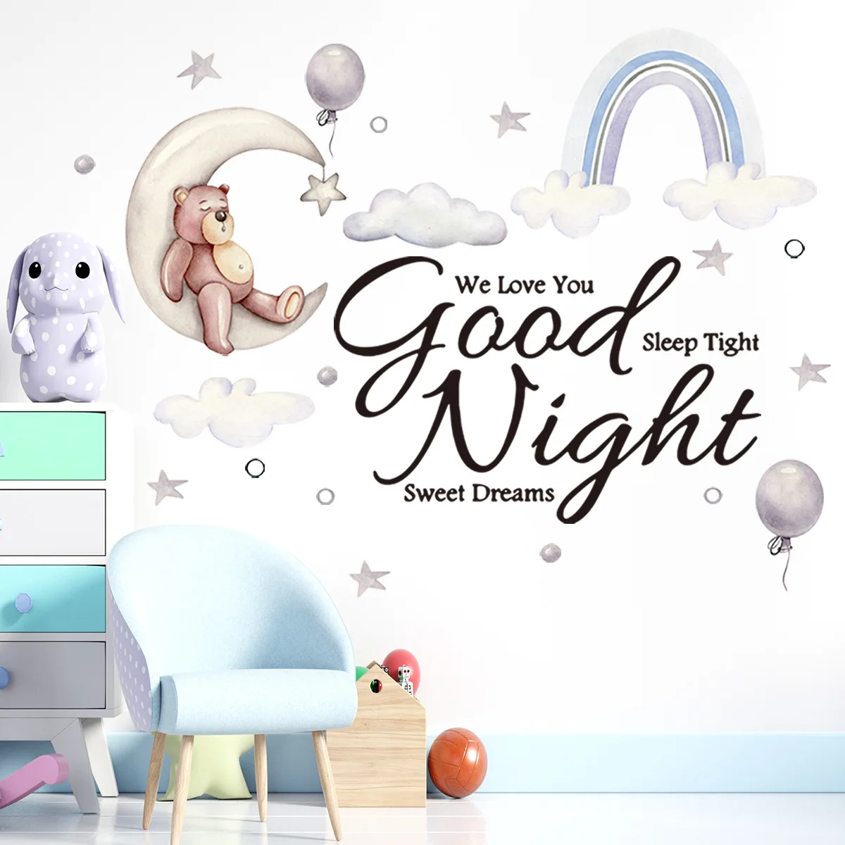 

Watercolor Good Night Sleeping Bear Wall Stickers for Children Kids room Bedroom Nursery Wall Decals Removable PVC Wall Sticker