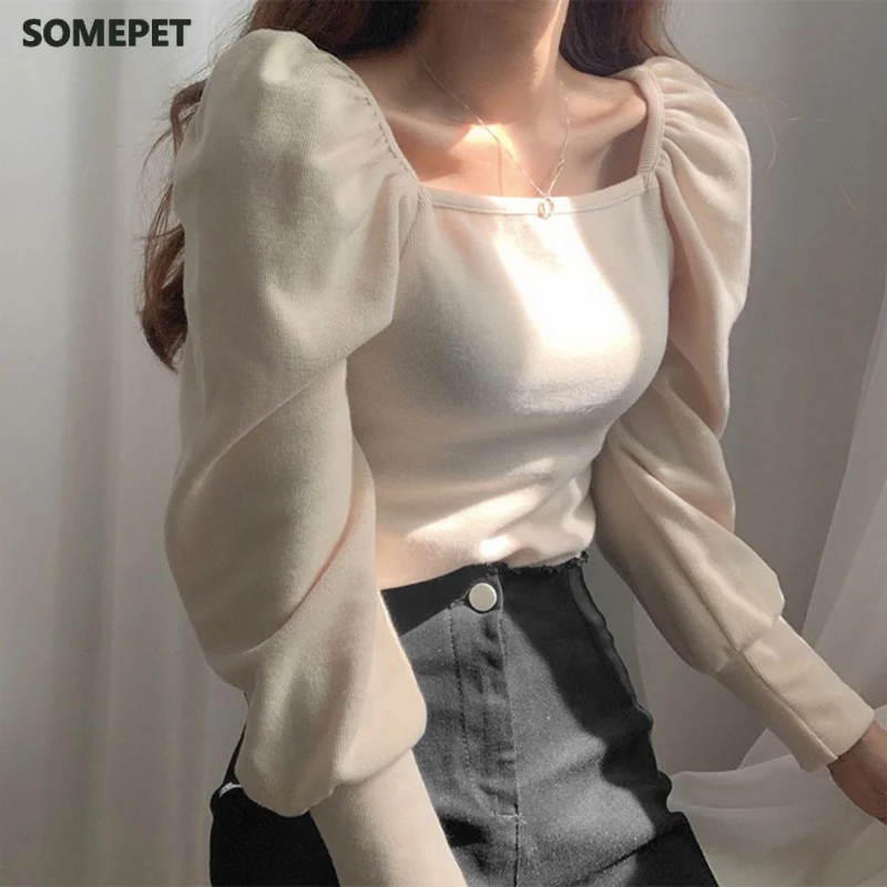 

Chic Square Collar Hollow Out Clavicle T Shirt Slim Fit Pleated Puff Sleeve Solid Blusas Autumn Spring 2021 New Knit Top