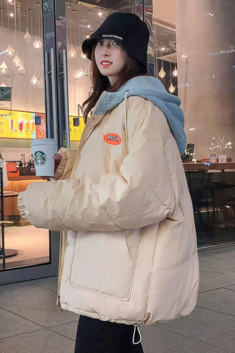 2021 Winter Hooded Cotton Padded Parkas Women's Harajuku Ins Fake Two Pieces Of Plush Thickened Down Clothes