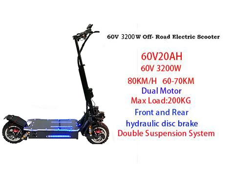 60V 20A 3200W 3200 Вт 60 в 80 км/ч скутер электрический 11 дюймов внедорожный подростковый складной водонепроницаемый samsung e скутер мощный Hoverboad скейтборд - Color: 60V 20A 3200W