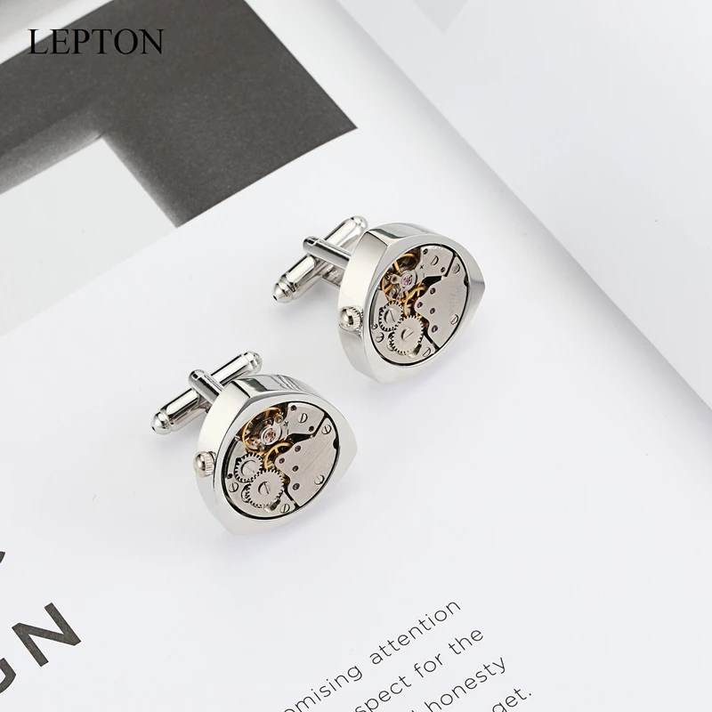 Lepton Watch Movement Cufflinks of immovable Silver Color Steampunk Gear Watch Mechanism Cuff links for Mens Wedding Gift