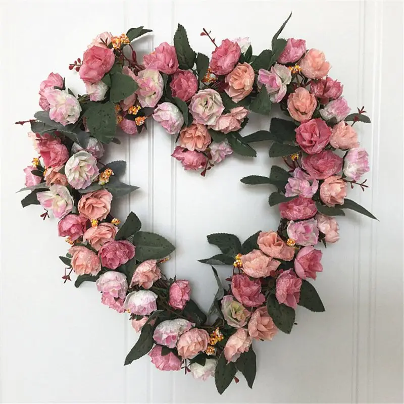 

Artificial Flowers Heart-shaped rose Wreath Spring Wreath Outdoor for Front Door Q39B