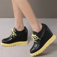 increasing height fashion sneakers women lace up genuine leather high heel ankle boots female chunky platform pumps casual shoes