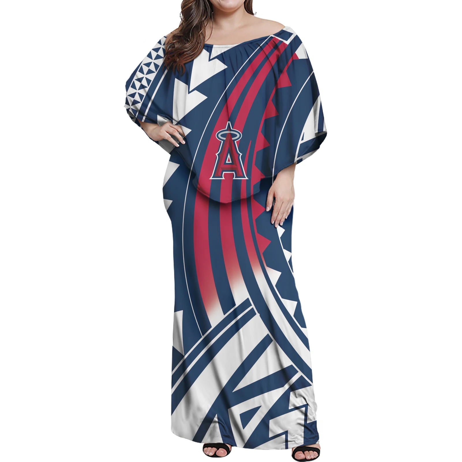 

Dresses For Women Party Elegant Female Clothing Polynesian Tribal Design Ethnic Style Women Ruffle Off-the-Shoulder Long Dress