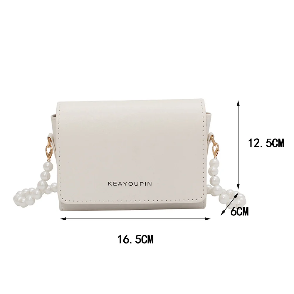 

Fashion Women PU Leather Shoulder Pouch Pure Color Shoulder Crossbody Messenger Bag Pearl Chain Mini Flap Handbag