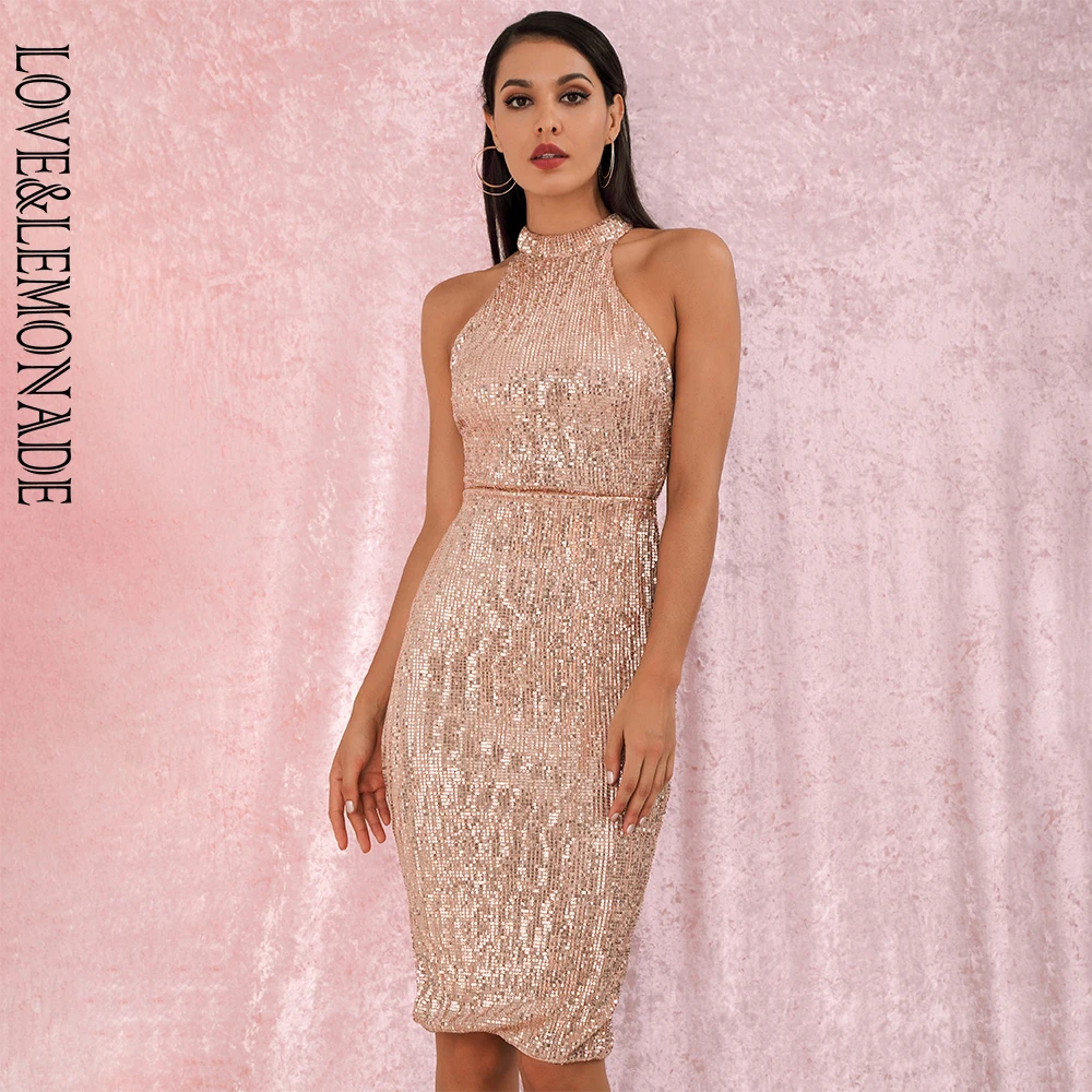 LOVE&LEMONADE Rose Gold Sexy Halter Strapless Slim Fit Elastic Sequined Knee Party Dress LM80492MID Autumn/Winter