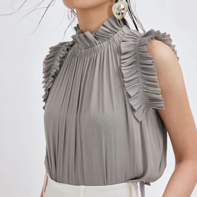

Japan Style New Elegant Office Ladies Sleeveless Women Blouse Simple Back Bow Tie Sweet Ruffles Women Shirts Summer 2021 Blusas