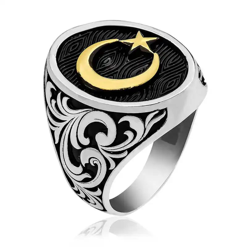 

Silverlina Silver Sides Pattern Moon Star Men 'S Ring