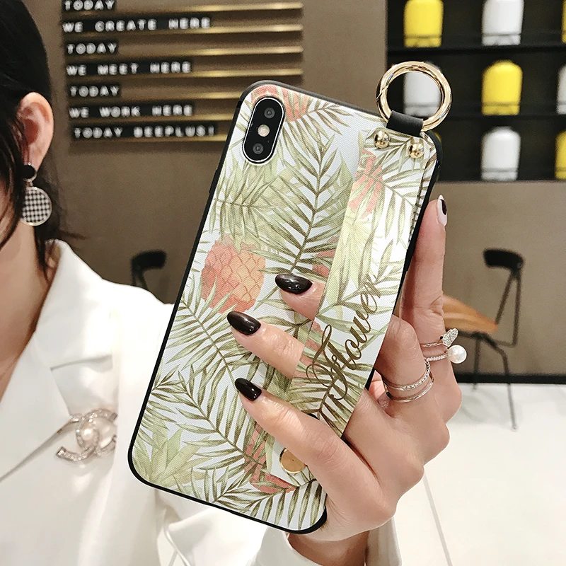 Розовый напульсник чехол для телефона Etui iPhone 11 Pro Мягкий ТПУ Цветок накладка держатель для телефона для iPhone 7 8 6 6S Plus X XS XR XSMax Funda