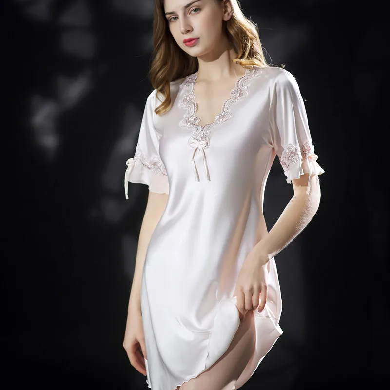 SR099 Plus Size V-neck Sleepdress Ice Silk Short Sleeve Lace Skirt Home Nighty Sexy Sleepwear Women Silk Lingerie Sleeping Dress
