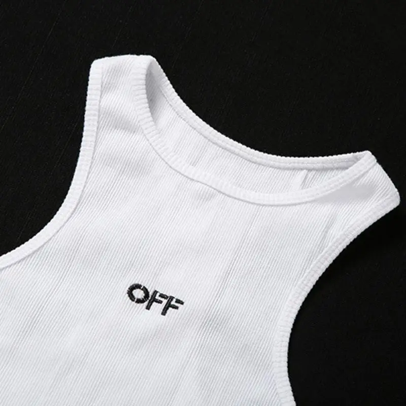 

Women Sleeveless Racerback Tank Crop Top OFF Letters Embroidery Ribbed Knit Slim Vest Summer Basic Sports Bustier Streetwear