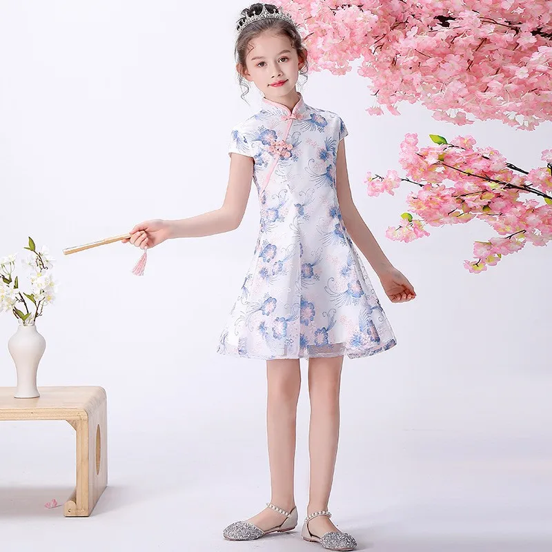 

White Elegant Formal Party Gown Children Sweet Lace Novelty Cheongsam Exquisite Embroidery Vintage Button Trim A-Line Dress