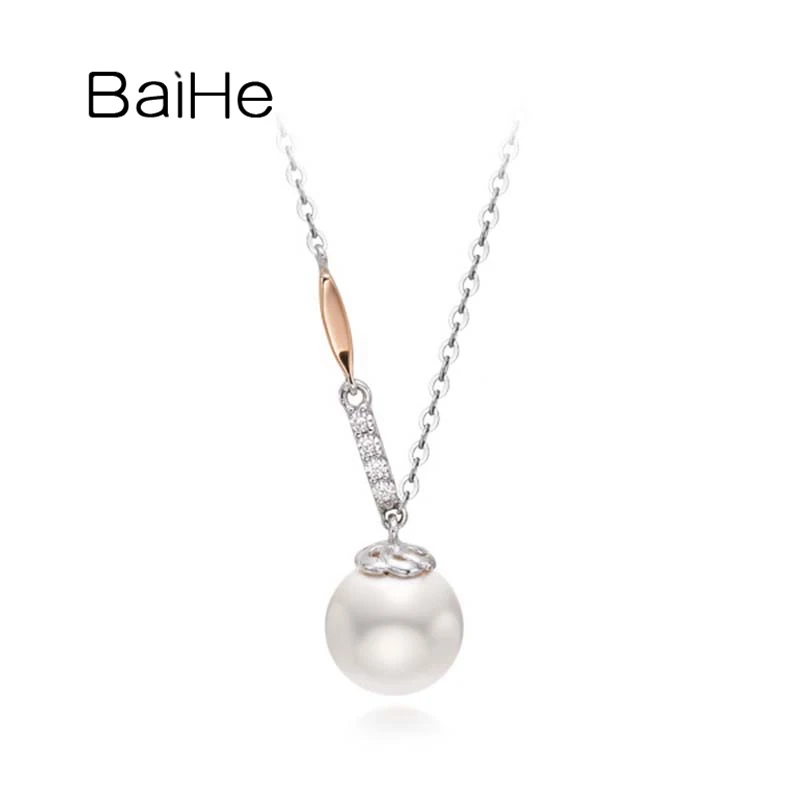 

BAIHE Solid с покрытием 18-ти каратным белым + розовое золото 7,5 ~ 8 мм пресноводный жемчуг 0.02ct бриллиантами ожерелья для женщин, хорошее ювелирное и...