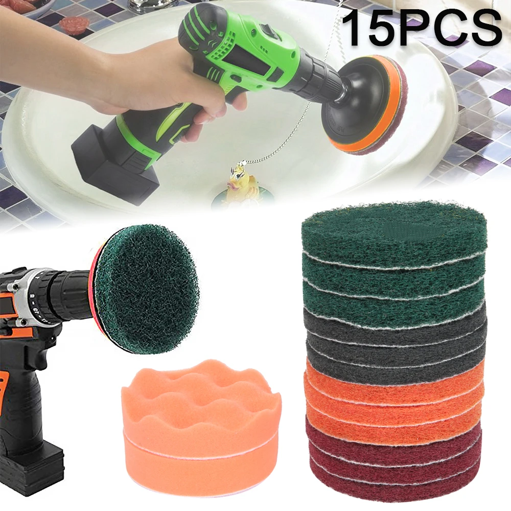

15pcs Flocking Scouring Pad Self-adhesive Polishing Sheet Multi-purpose Power Scrubber Cleaning Kit Electric Drill Brush