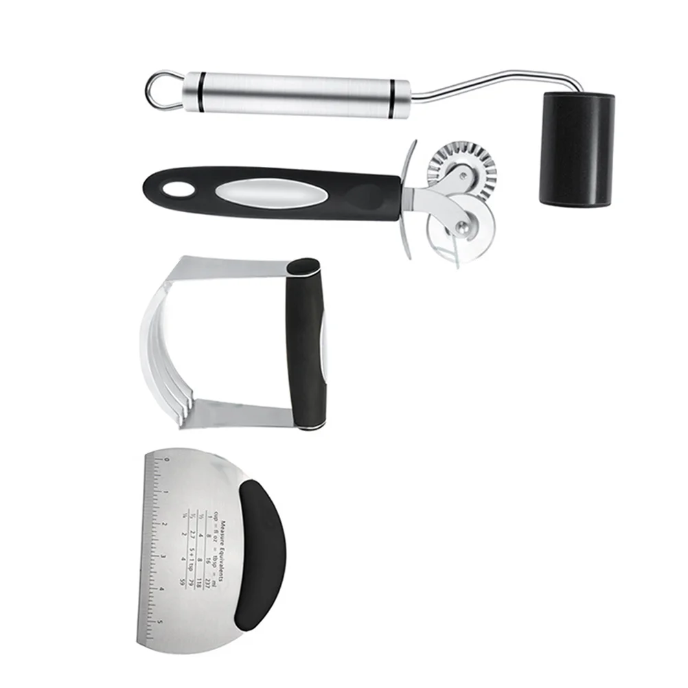 

4 in 1 Pizza Baking Tool Set Double Side Pizza Wheel Dough Cutter Rolling Pin Cream Mixer