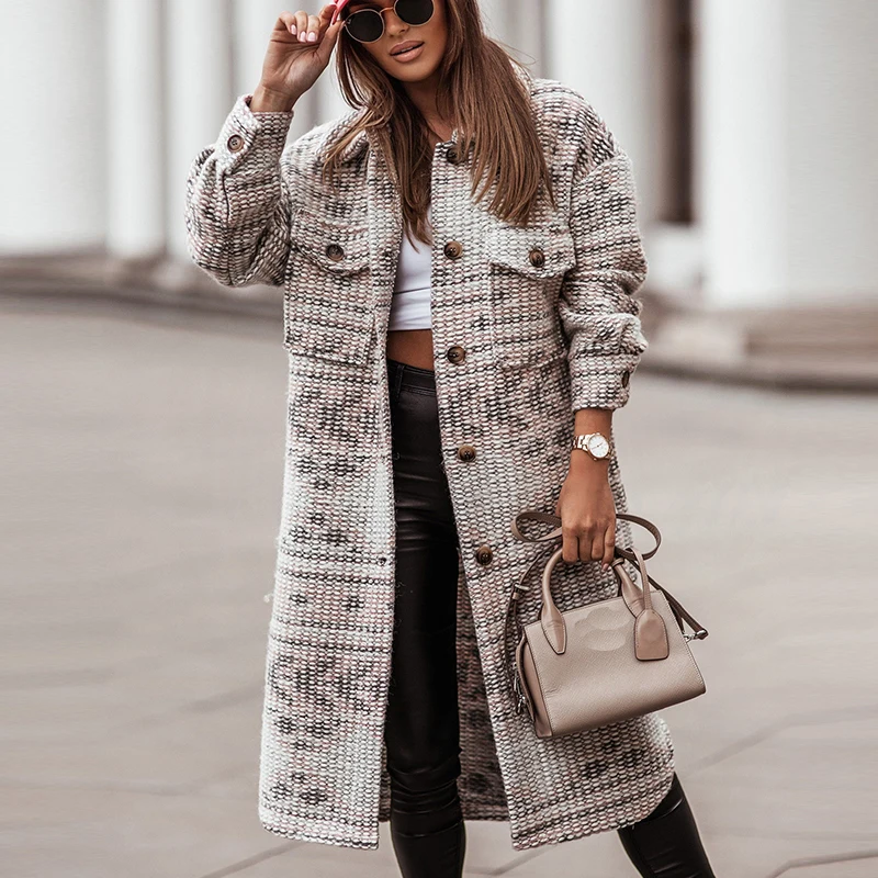 

Женский однобортный Кардиган с длинным рукавом, длинное пальто из смешанной шерсти с винтажным принтом, Осень-зима