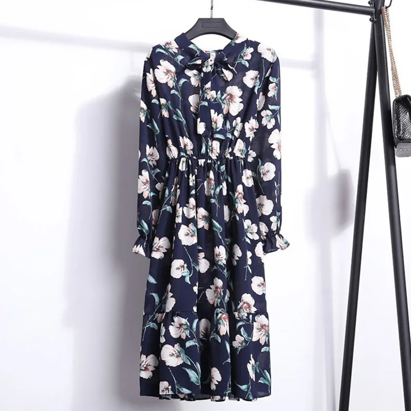 

AIRGRACIAS blue floral skirt, bow tie collar, lantern sleeves, lady temperament, fresh style skirt, suitable for outings