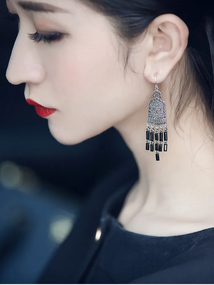 

BOCAI 2020 New 100% real S925 silver earring woman Thai silver tassel black agate earrings retro style women's earrings