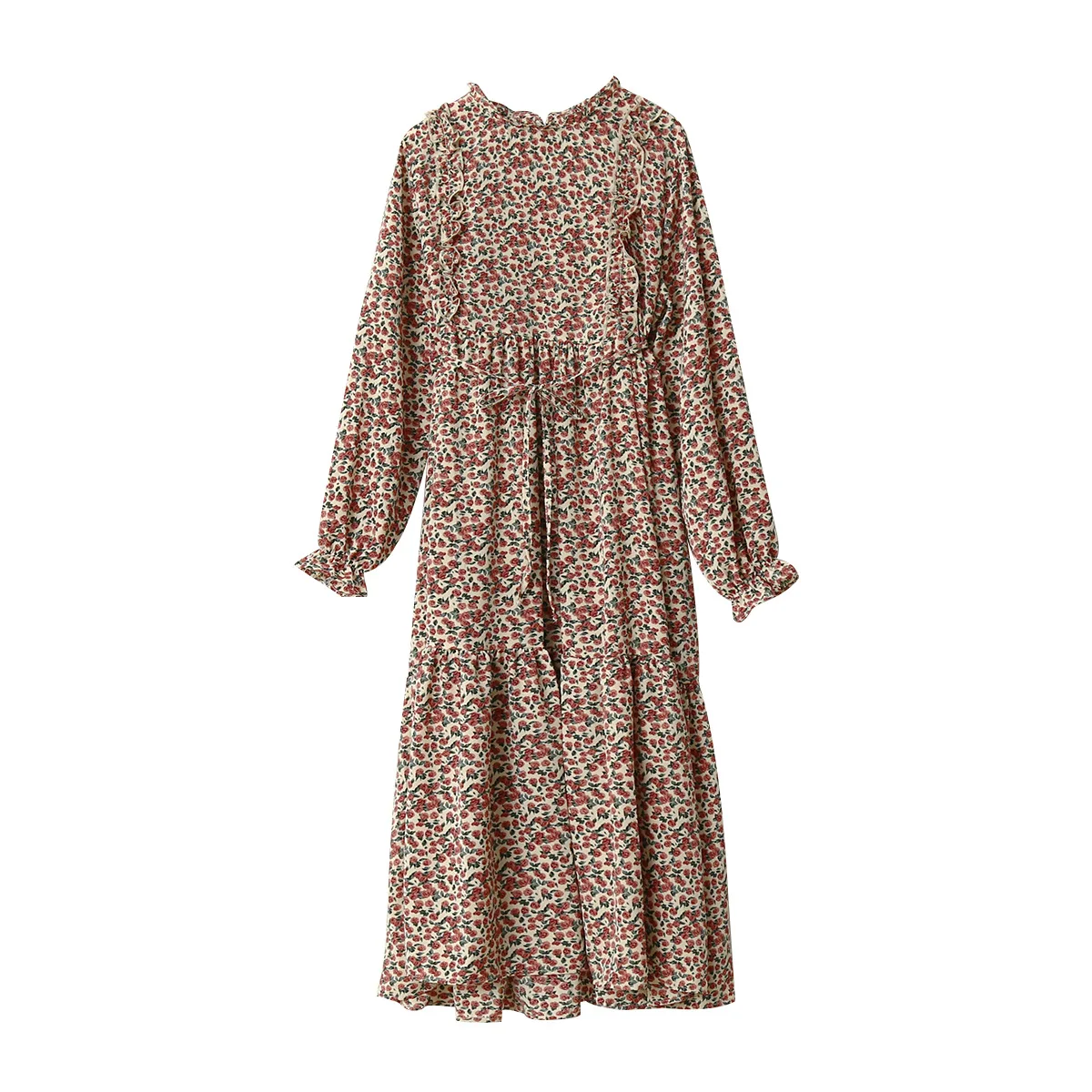 

2020 O-Neck Sleeve Flower Print Vintage High Waist Boho Long Elegant Women Casual Midi Dress Vestidos