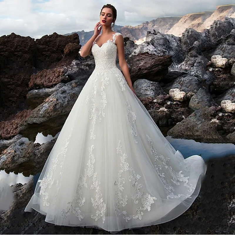 

Illusion A-Line Wedding Dresses Lace Up Back Bridal Gowns Formal Customized Vestidos De Noiva Gorgeous Brautkleid Robe De Mariee