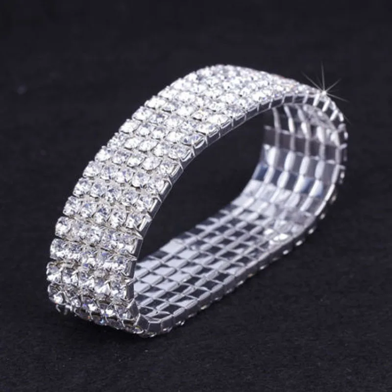 5 Rows Bridal Wedding Bangle Bracelet Silver Plated and Gold Color Round Dazzling Iridescent Rhinestone Stretch Bracelets | Украшения и