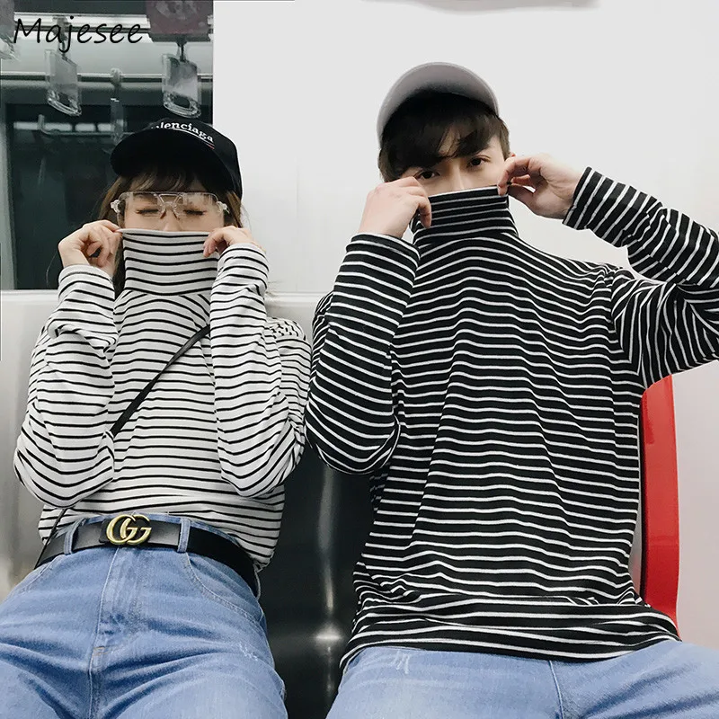 

Men Long Sleeve T-shirts Striped Turtleneck Stylish Oversize Korean Style Ins Leisure Couples Tshirt Chic Ulzzang Streetwear BF