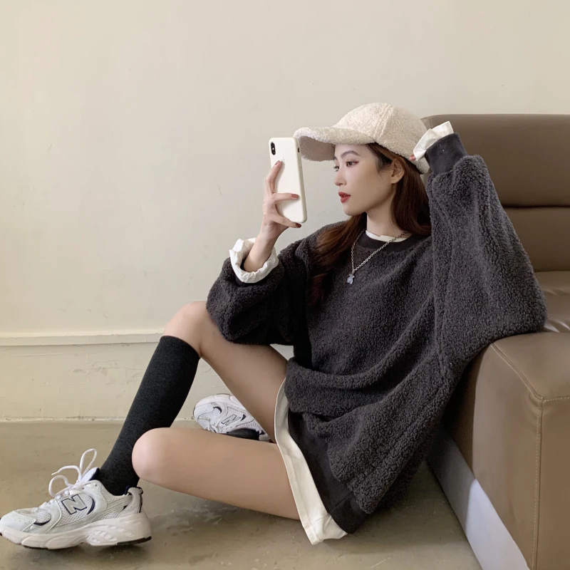 

XZ2982 свободная Корейская версия 2021 Новинка Осень-зима ленивый стиль имитация овечьей шерсти свитшоты для женщин
