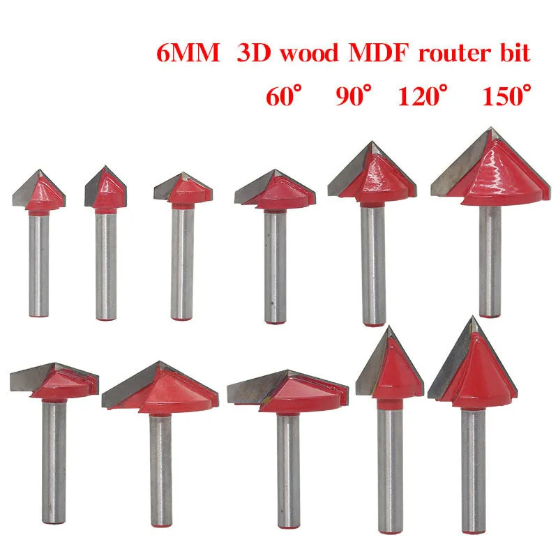 1PCS 6mm V Bit CNC Solid Carbide End Mill Tungsten Steel Woodworking Milling Cutter 3D Wood MDF Router Bit 60 90 120 150 Degrees