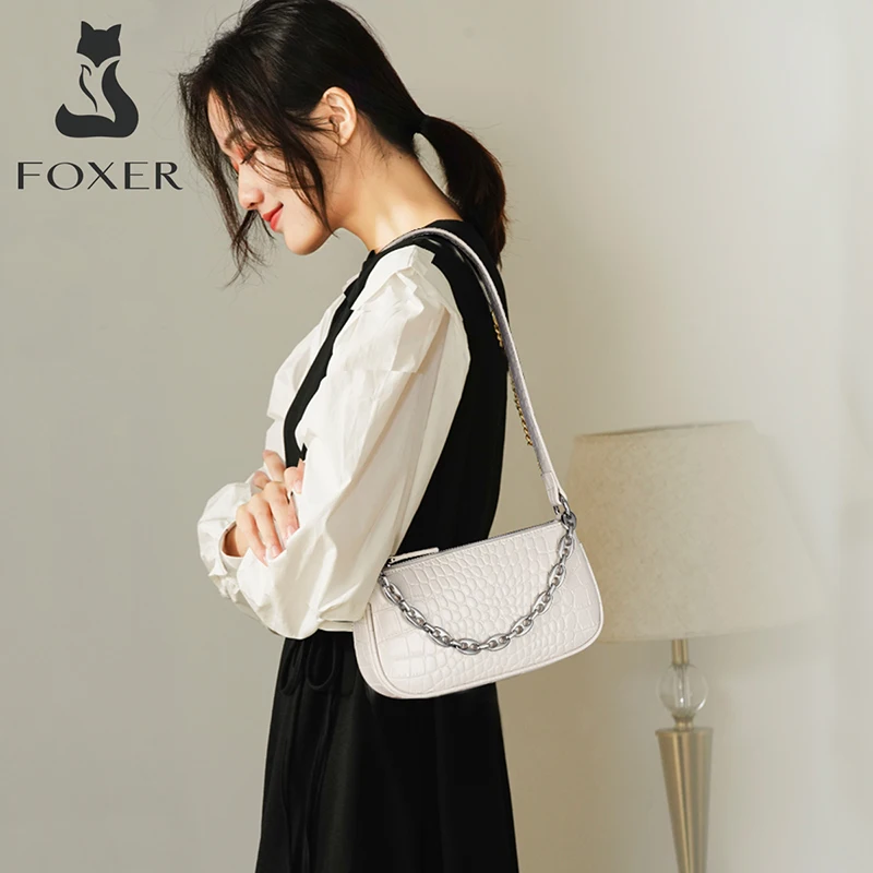 

FOXER Fashion Week Ladies Baguette Vintage Cowhide Crossbody Bag for Women Casual Female Shoulder Bag Chain Mini Handle Bag