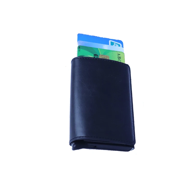 RFID Blocking Credit Card Holder Genuine Leather Men ID Card holder Mini Wallet Vintage Metal Automatic Anti-theft Card Wallet