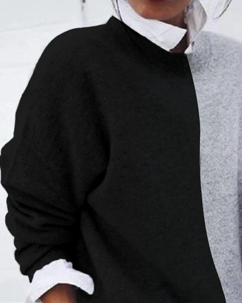 

Black Grey Patchwork Long Sleeve Sweathsirt Hoodies Wmen Casual Loose Turn Down Collar Pullover Tops Winter 2019 Oversize Hoodie