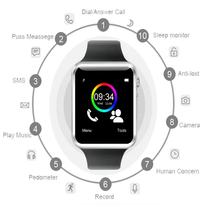 A1 наручные часы Bluetooth Смарт Спорт Шагомер с sim-камерой Smartwatch для Android PK iwo 8 DZ09 Reloj